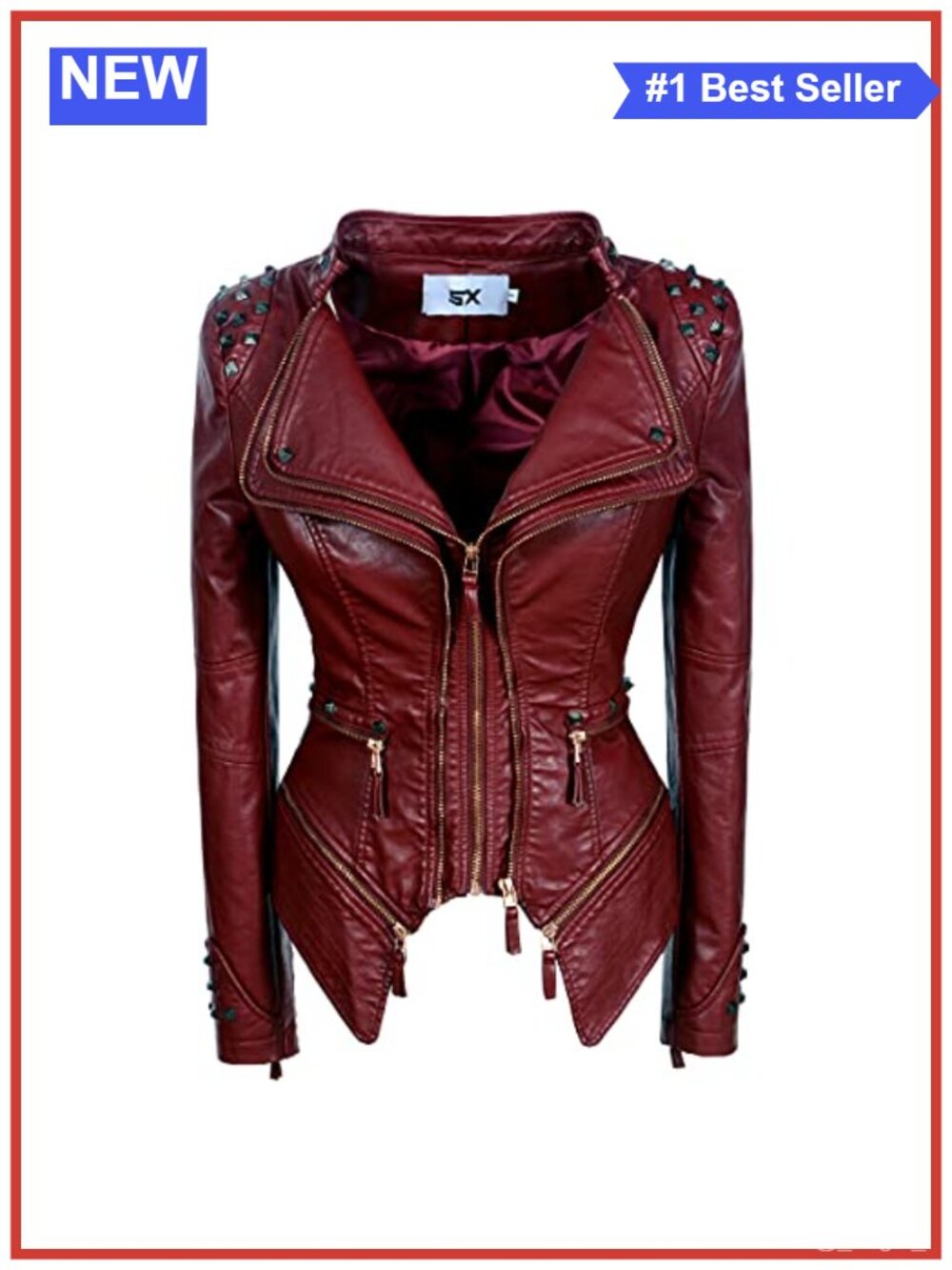 Women's Studded Faux Leather Biker Jacket Slim Fit Moto Aviator